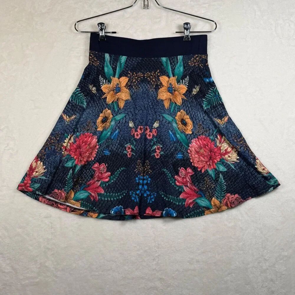 Desigual Skirt S Floral Butterfly Print Fit Flare Pull On Elastic Waist Blue